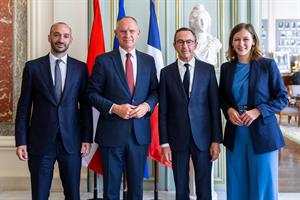 Innenminister Gerhard Karner mit Benjamin Haddad, beigeordneter Minister für Europa von Frankreich, dem französischen Innenminister Bruno Retailleau und Europaministerin Claudia Plakolm.